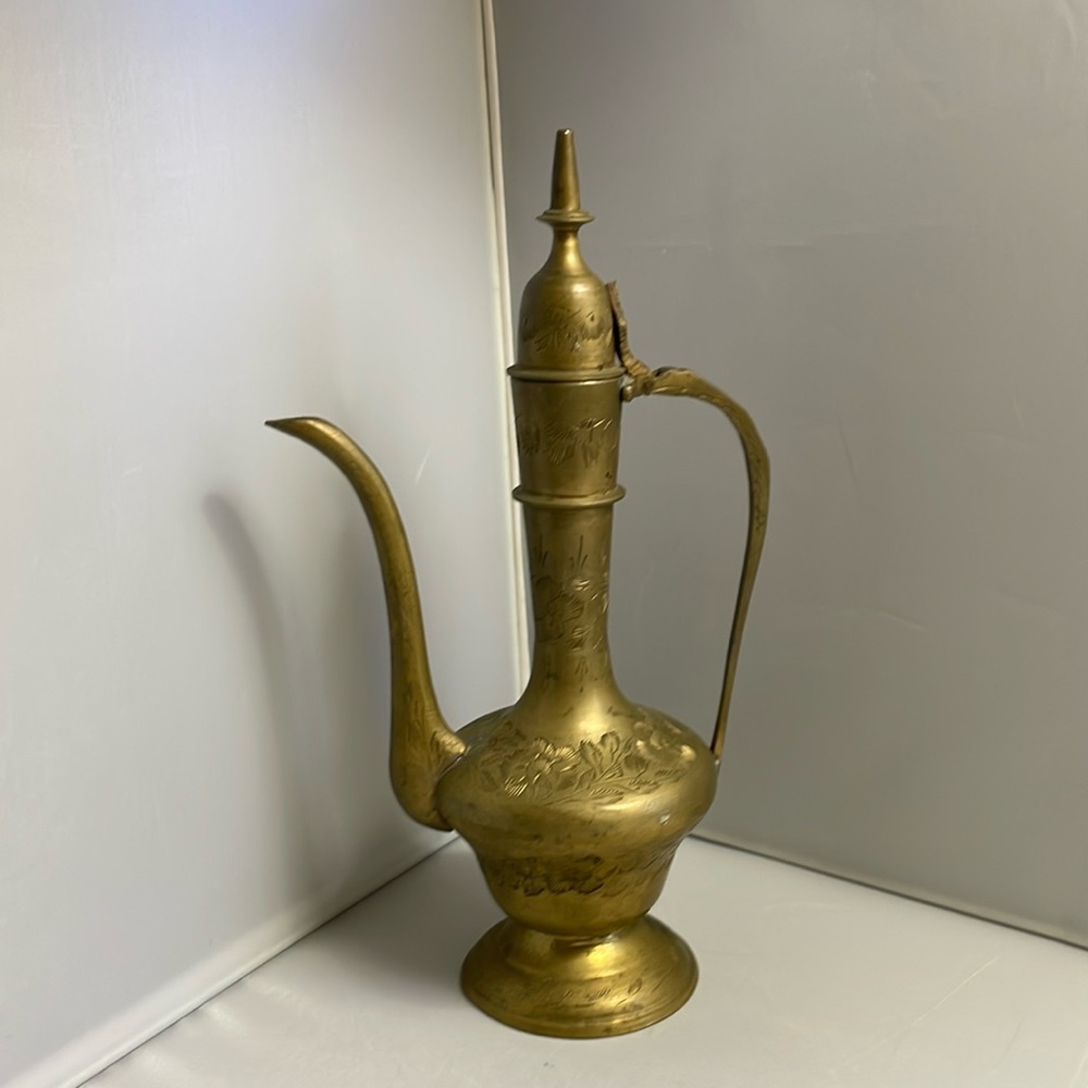 Vintage Brass Etched Pitcher‎ Ewer Small Lots of Patina 9.75"